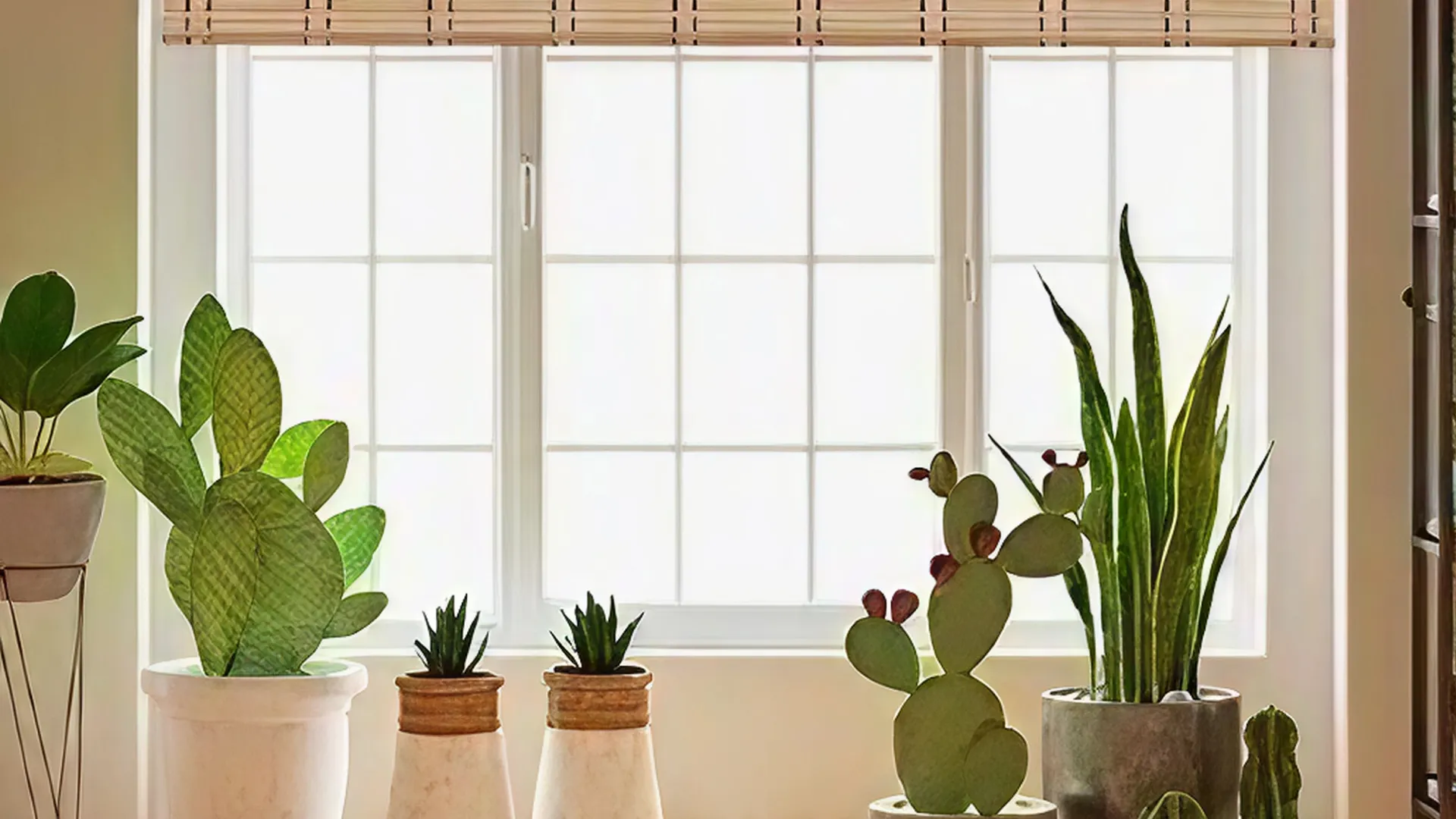 A photo of some succulents in front of a window.