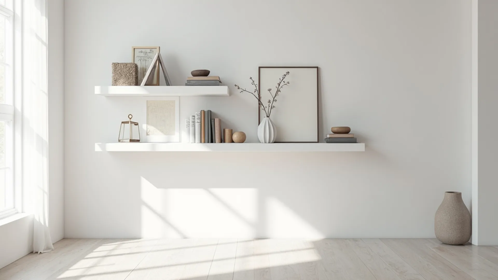 A photo of wall with some shelves on it and items sitting on the shelves.